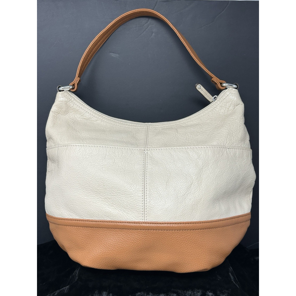 Tignanello Cream & Brown Pebbled Leather Hobo Bag Purse Soft Very Clean Lined - Picture 2 of 10